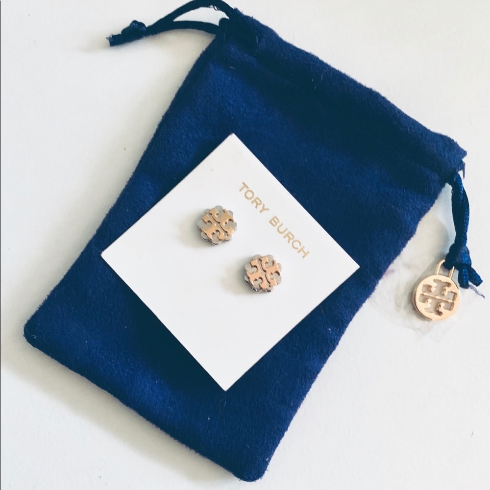 Tory Burch Silver/Gold Stud Logo Two Tone Earrings